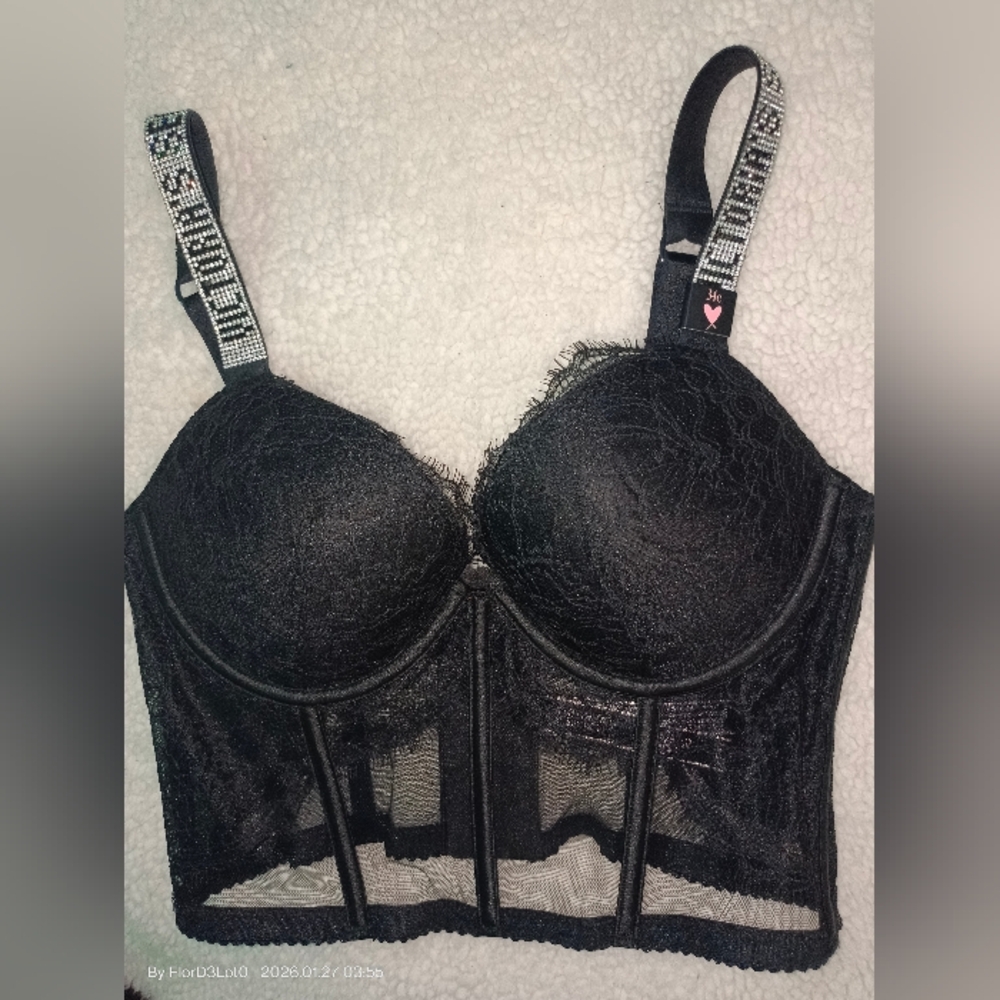 Victoria's Secret Black Lace Bustier with Rhinestone Straps